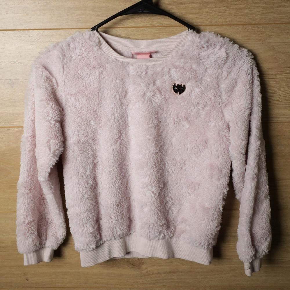 Juicy Couture Fuzzy Pink Heart Logo Long Sleeve Crewneck Sweater Girls Size 8 - Picture 1 of 5